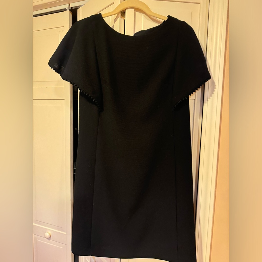 Loft size 4 black dress with flared sleeves and pompom detailing